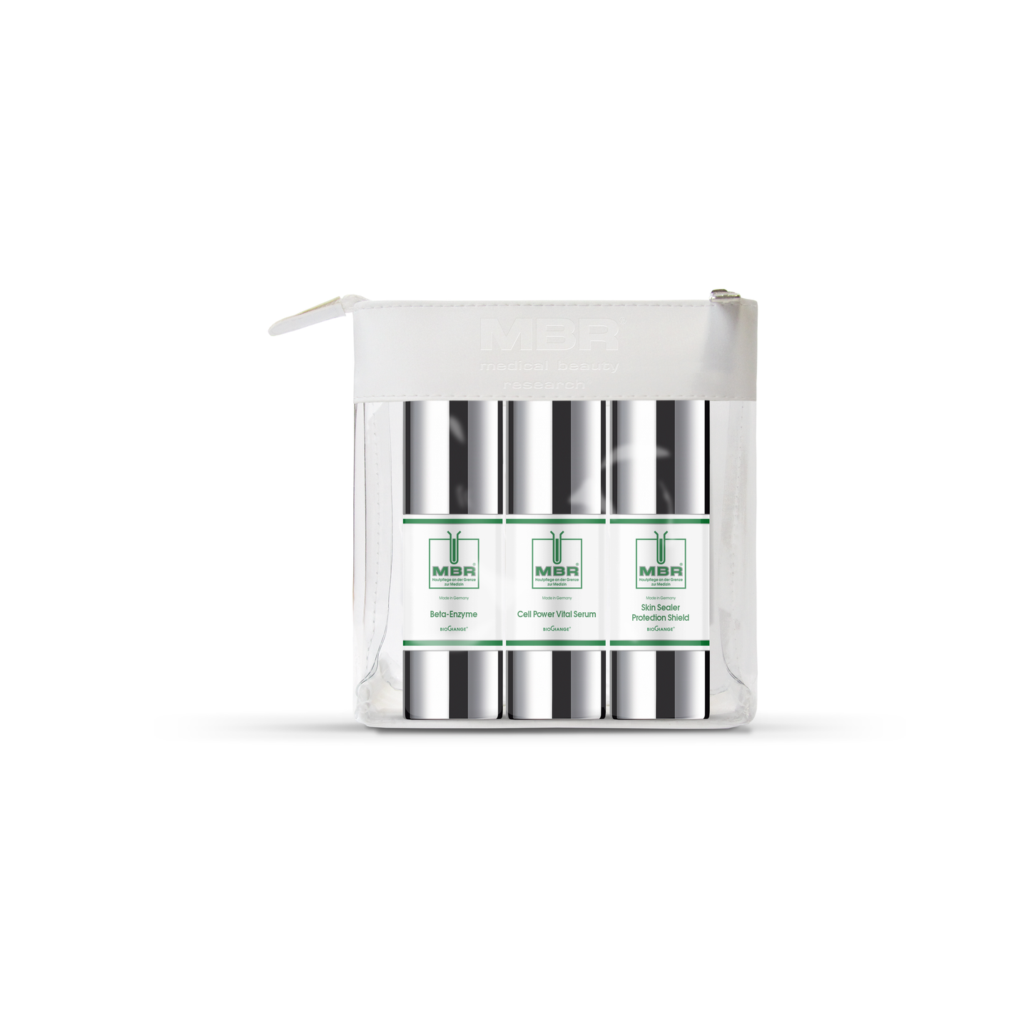 MBR Travel Set Cell Power Vital Serum – compact travel trio with Beta-Enzyme AHA/BHA exfoliant, Cell Power Vital Serum with CroNoline and Syn-Hycan peptides, and Skin Sealer Protection Shield with EverLaSkin and ceramides for a complete on-the-go MBR skincare regimen | MDR Skin Studio