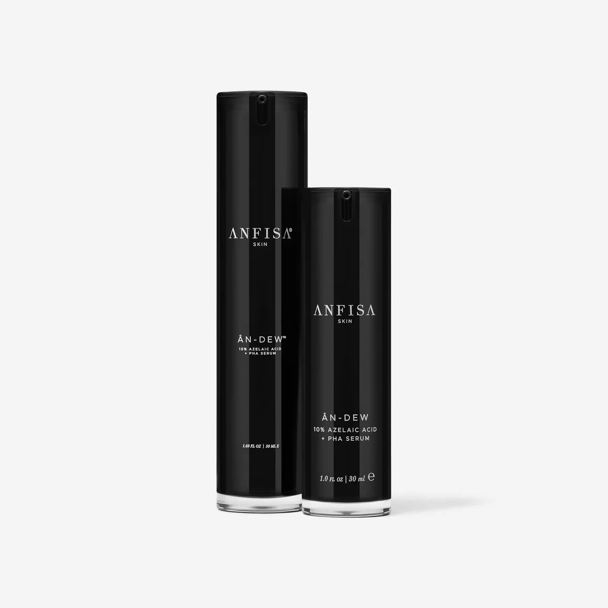 Two black cylindrical cosmetic bottles from ANFISA PARIS, including AN-DEW Hyaluveil and AN-DEW 92% ADELAIC ACID + 2 PEA PROXIME, on a light gray background.