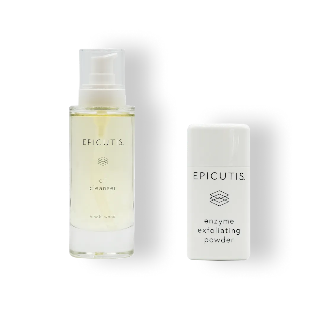 A set of two skin care products, an oil cleanser and an enzyme exfoliating powder, from the brand epicutis, with a white and yellow packaging design.