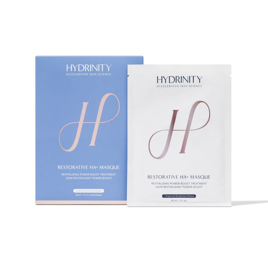 Hydrinity Restorative HA+ Masque – biocellulose treatment mask with hyaluronic acid, ceramides, and peptides for delivering deep hydration, soothing skin, and restoring a radiant, smooth, and visibly plumped complexion | MDR Skin Studio