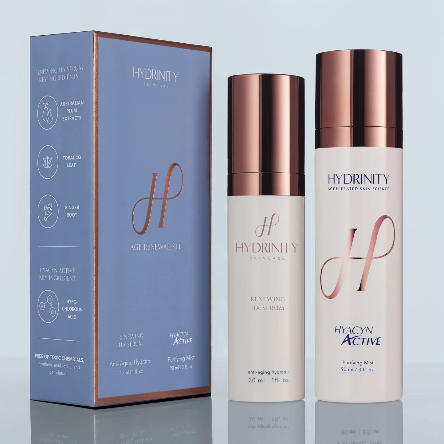Hydrinity Age Renewal Kit – two-step anti-aging set with HYACYN ACTIVE hypochlorous spray and Renewing HA Serum for stimulating collagen and elastin, boosting radiance, and restoring a firmer, more youthful complexion | MDR Skin Studio