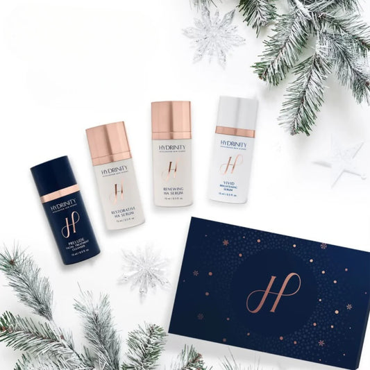 Hydrinity Gift Set – limited-edition deluxe 15mL skincare collection featuring PRELUDE Cleanser, Restorative HA Serum, VIVID Brightening Serum, and Renewing HA Serum for gifting or treating all skin types to visible hydration and radiance | MDR Skin Studio