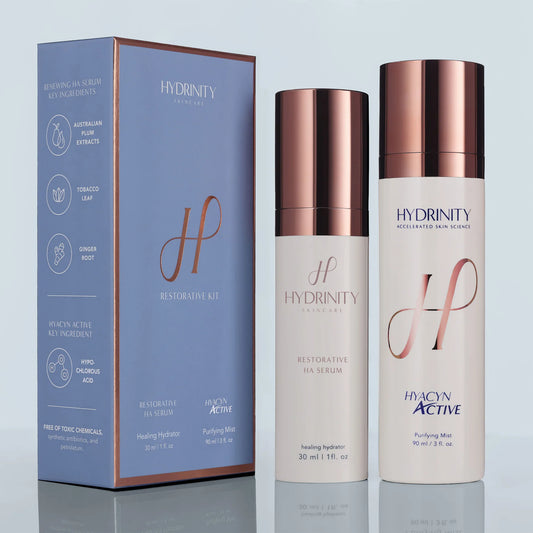 Hydrinity Restorative Kit – two-step skincare set with HYACYN ACTIVE hypochlorous spray and Restorative HA Serum for balancing skin pH, reducing inflammation, and rapidly restoring hydration and skin recovery | MDR Skin Studio
