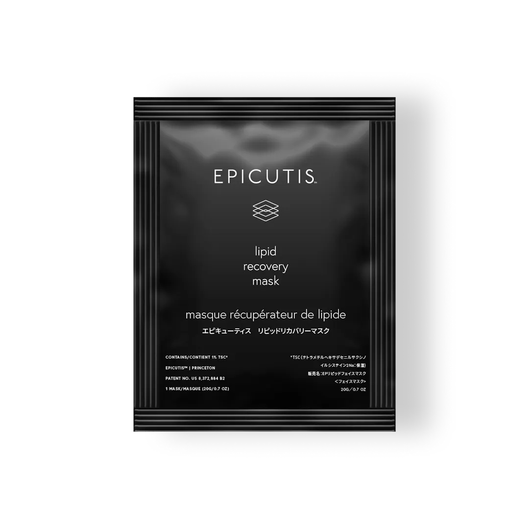 A packaged EPICUTIS Lipid Recovery Mask, designed for facial use, with a clear window showing the black bio-cellulose mask inside.