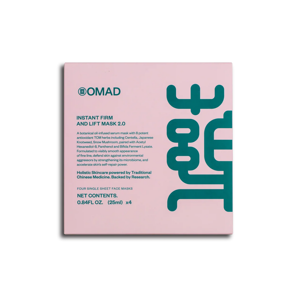 OMAD Instant Firm and Lift 2.0 – nourishing anti-aging biofiber mask with frankincense oil, white water-lily, rhodiola rosea, acetyl hexapeptide-8 (Argireline), panthenol, and 6 TCM herbs for smoothing fine lines, reducing inflammation, increasing skin elasticity, promoting collagen renewal, and tightening and detoxifying the complexion | MDR Skin Studi
