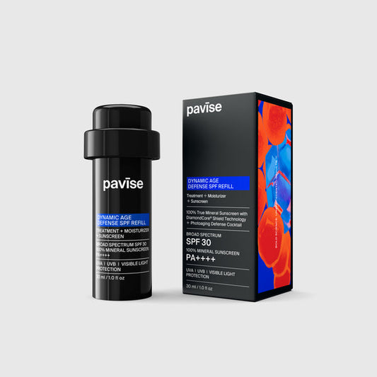 Pavise Dynamic Age Defense Refill – eco-conscious refill capsule for the award-winning Dynamic Age Defense with PA++++ mineral UV defense, activated grape seed extract, and collagen-supporting actives for defending against UV and oxidative damage, reversing visible aging, and restoring the skin barrier | MDR Skin Studio