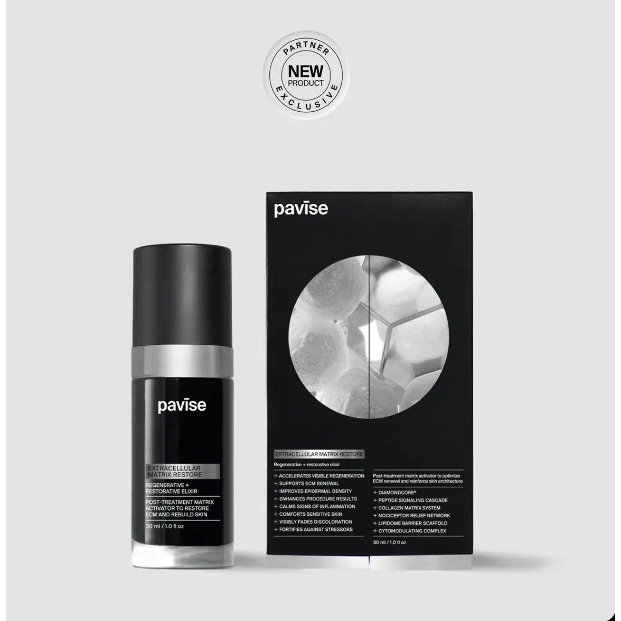 Pavise Extracellular Matrix Restore – bioactive regenerative post-treatment elixir with DiamondCore® biotechnology for directing ECM regeneration, boosting 198% more fibroblast growth and 91% more collagen synthesis, eradicating inflammatory reactive oxygen species, and improving epidermal density by up to 182% after laser, micro-needling, and peel procedures | MDR Skin Studio