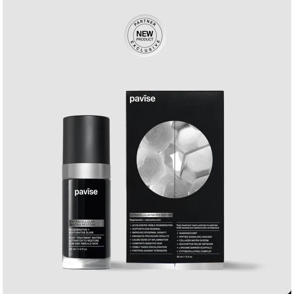 Pavise Extracellular Matrix Restore – bioactive regenerative post-treatment elixir with DiamondCore® biotechnology for directing ECM regeneration, boosting 198% more fibroblast growth and 91% more collagen synthesis, eradicating inflammatory reactive oxygen species, and improving epidermal density by up to 182% after laser, micro-needling, and peel procedures | MDR Skin Studio
