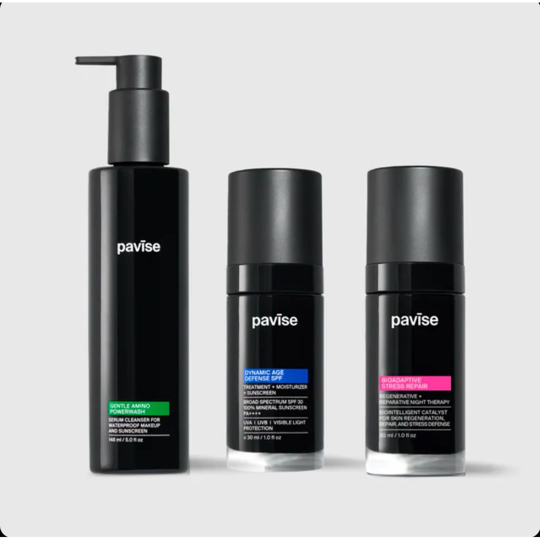 Pavise REGENERATIVE RESET Serum Kit – nighttime regeneration bundle with BIOADAPTIVE STRESS REPAIR and DYNAMIC AGE DEFENSE serums plus GENTLE AMINO POWERWASH for reversing visible aging, defending against UV damage, and resetting skin overnight | MDR Skin Studio