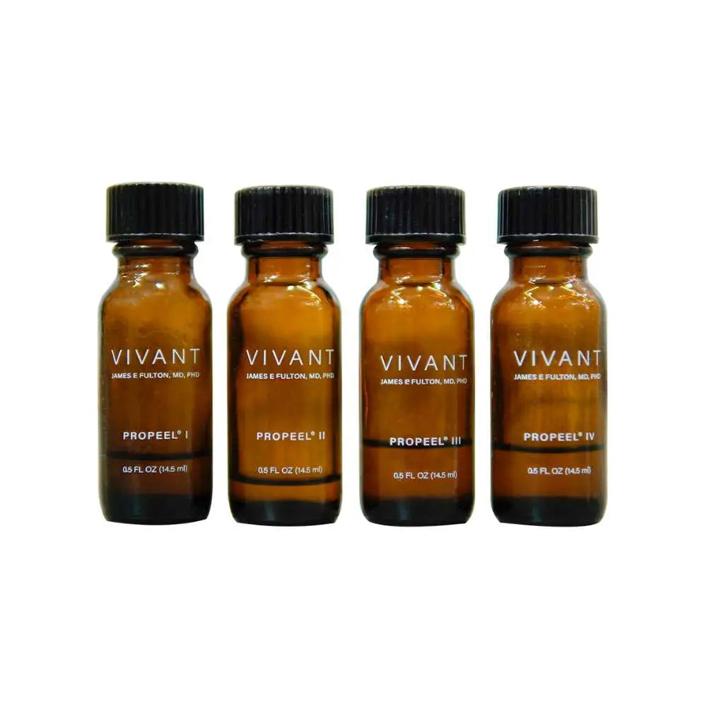 Four amber glass bottles labeled 'Vivant Propeel 1-4' on a white background