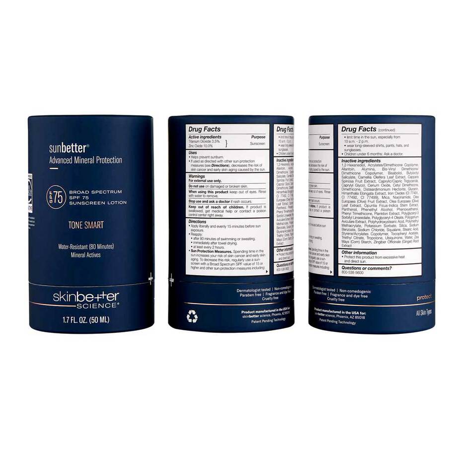 Skinbetter sunbetter TONE SMART SPF 75 Sunscreen Lotion – highest-level broad spectrum mineral tone-adapting creamy lotion with a hint of color for oil-free UV protection, lightweight foundation-alternative coverage, and helping prevent sunburn and early skin aging | MDR Skin Studio