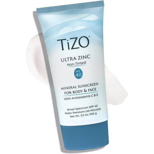 TiZO Ultra Zinc Body & Face Non-Tinted SPF sunscreen 3.5 oz – all-mineral 20% zinc oxide sunscreen for broad spectrum UV protection, calming sensitive and post-procedure skin, and leaving a sheer, soft, and elegant finish | MDR Skin Studio